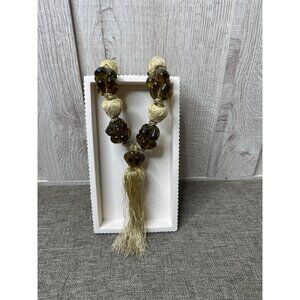 Vintage Hand-Knotted Necklace With Amber Glass Beads & Beige Thread Tassel